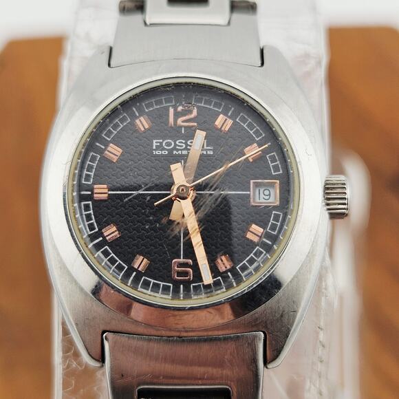 Fossil Women's Silver Tone Boyfriend Watch Black Rose Gold Calendar Dial AM-3913 - Picture 2 of 7